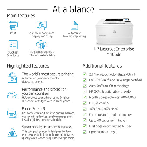 HP LaserJet Enterprise M406dn, Black and white, Printer for Business, Print, Compact Size; Strong Security; Two-sided printing; Energy Efficient; Front-facing USB printing HP LaserJet Enterprise M406dn, Black and white, Printer for Business, Print, Compact Size; Strong Security; Two-sided printing; Energy Efficient; Front-facing USB printing